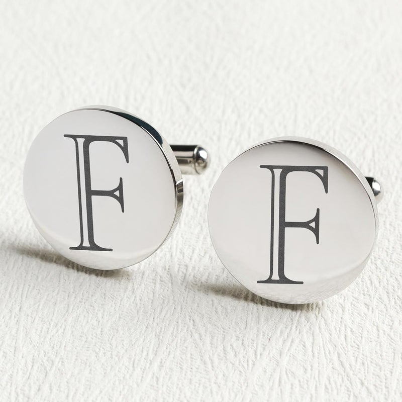 SeemDanten Mens Classic Initial Cuff links A-Z Alphabet 26 Letters Stainless Steel Silver CuffLinks with Engraved Walnut Wood Gift Box Business Wedding Set - Image 3